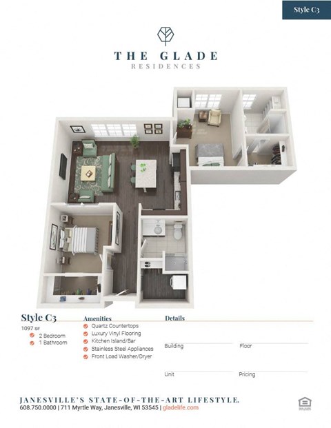 Floor plan for 2 beds, 2 baths, 1001 sqft